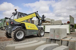 Der erste rein elektrisch betriebene Teleskoplader von Wacker Neuson, der TH412e, zeichnet sich durch seine Hubhöhe im Schaufeldrehpunkt von 4,5 m aus. (Wacker Neuson)